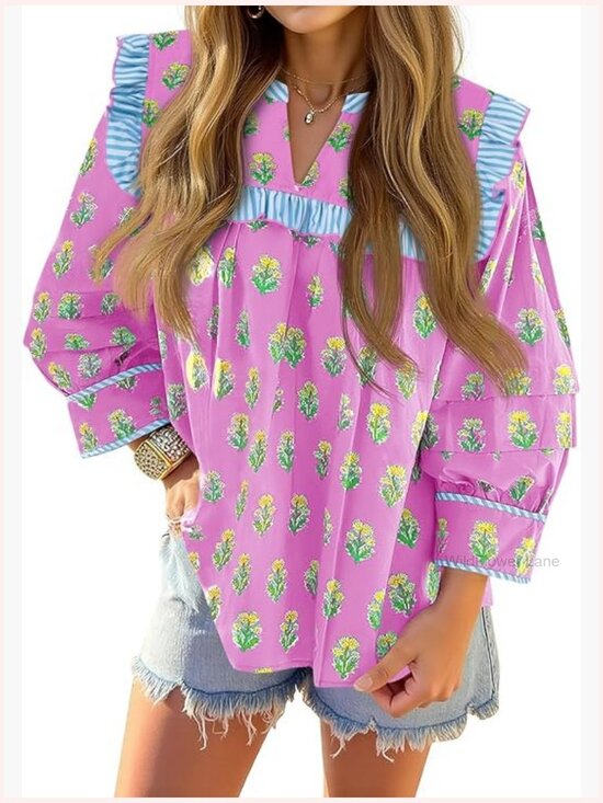 Tops - Floral Babydoll Blouse Puff Sleeve Peplum Top V Neck Boho Cute Blouse